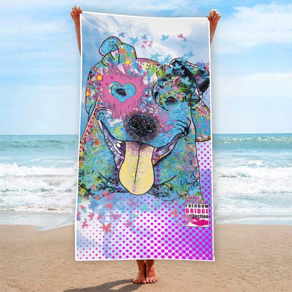Strandtuch, Badetuch, Saunatuch mit buntem Hundemotiv in digitaler Popart mit Hunde Motiv Momo